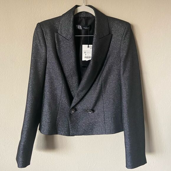 NWT Zara Grey Crop Blazer Short Shiny Size XS - Picture 9 of 12